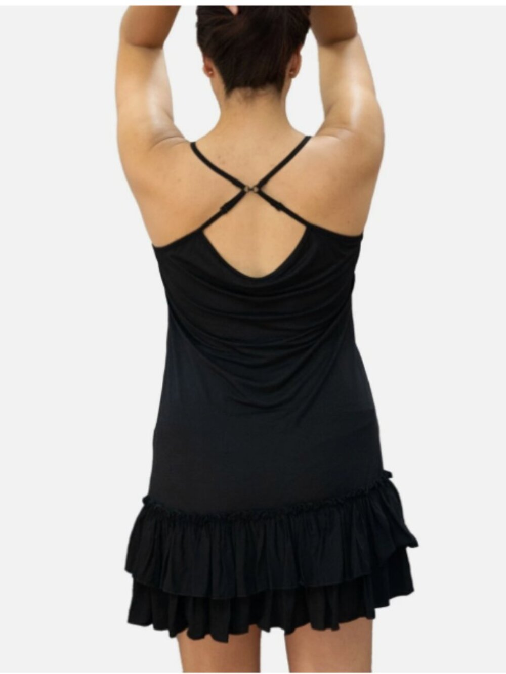 Mini Dress Extender Double Ruffle Layered Slip Tiered Multi Way Straps Black - S